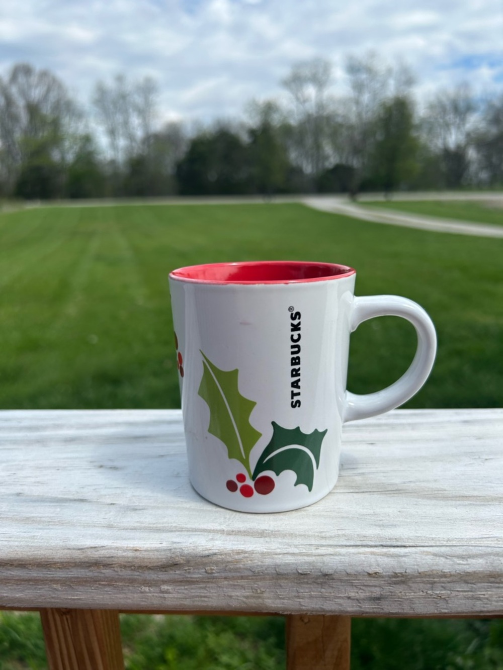 Starbucks Christmas Holly Leaf and Berry 9 oz Coffee Mug | White w/Gr & Red 2011